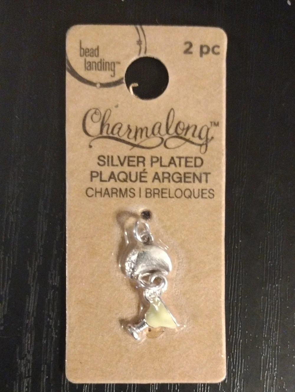 Silver-Plated Wine Glass And Moon Charm with Yellow Accent (2pc)